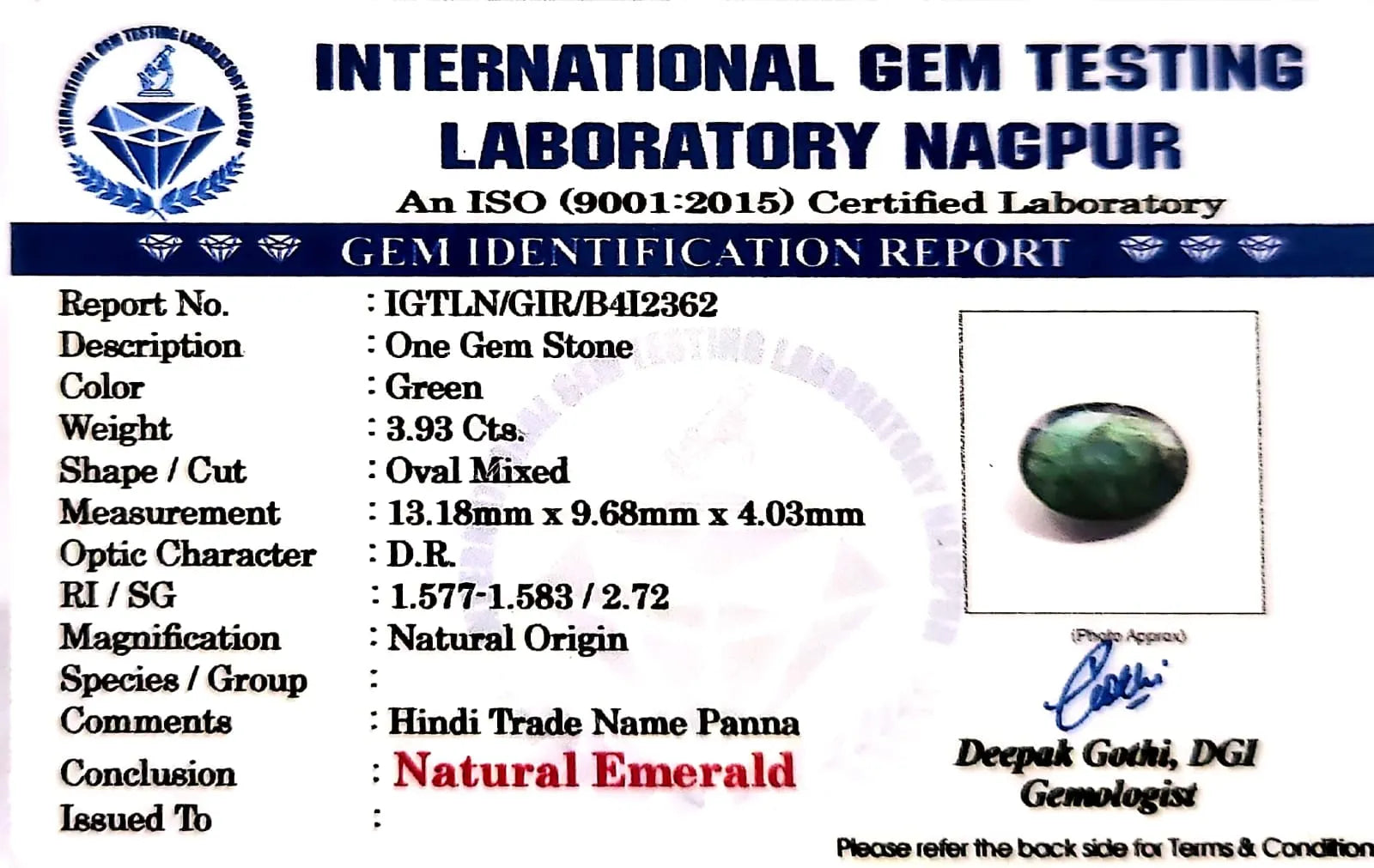 Emerald Stone - Panna stone - Carat 3.93