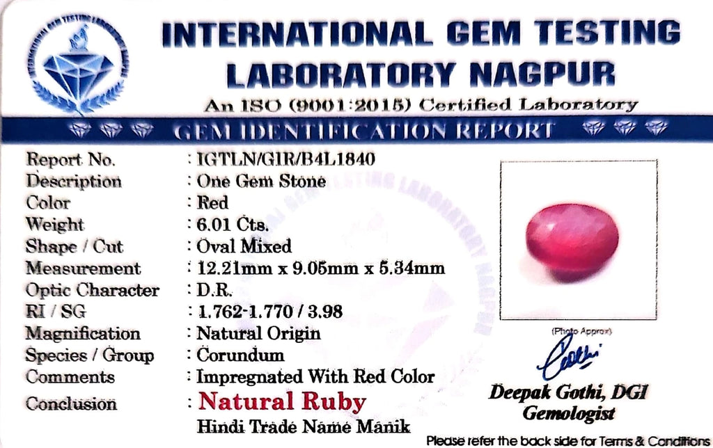 Ruby - Manik Stone - Carat 6.01