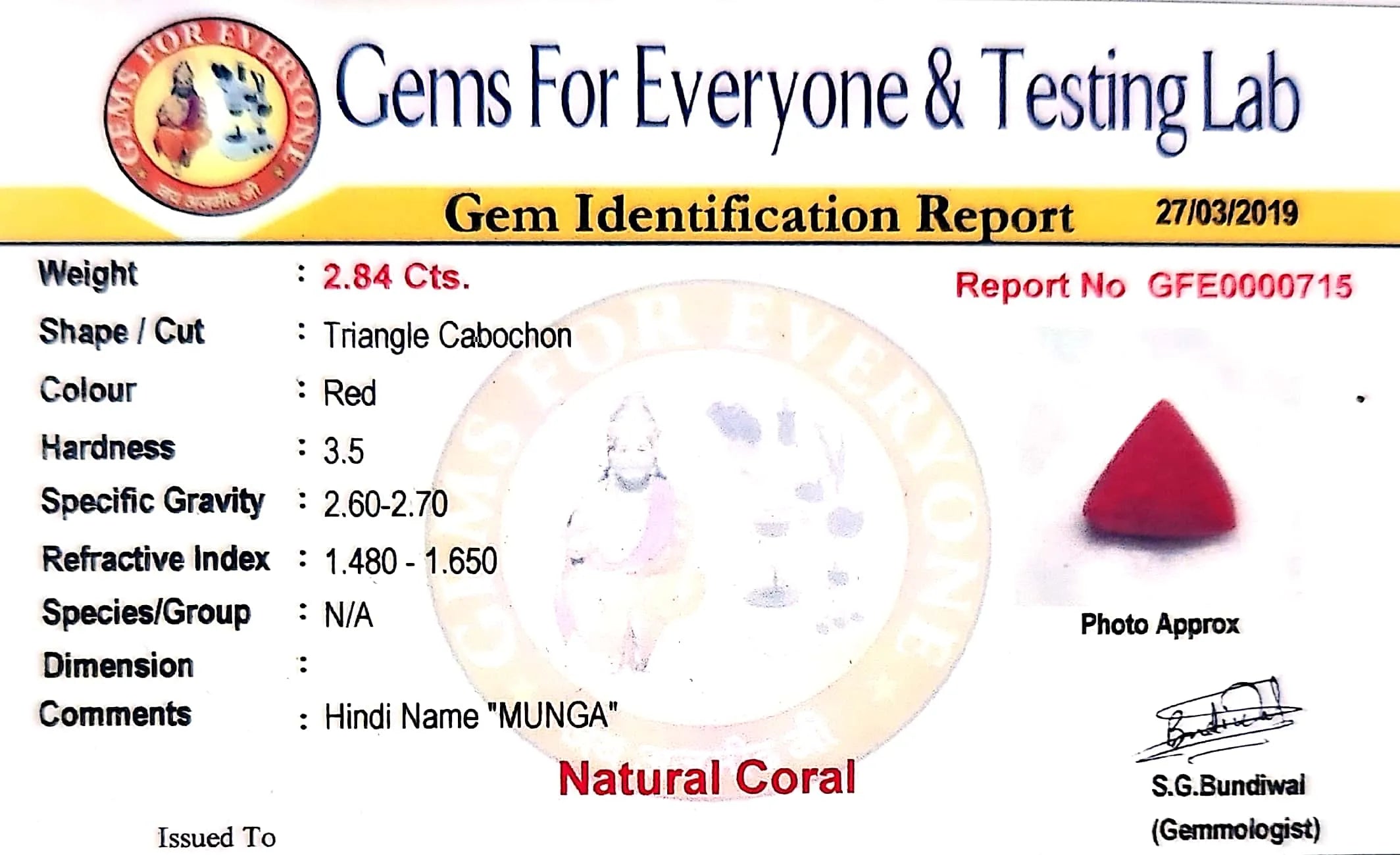 Red Coral - Moonga Gemstone - Carat 2.84
