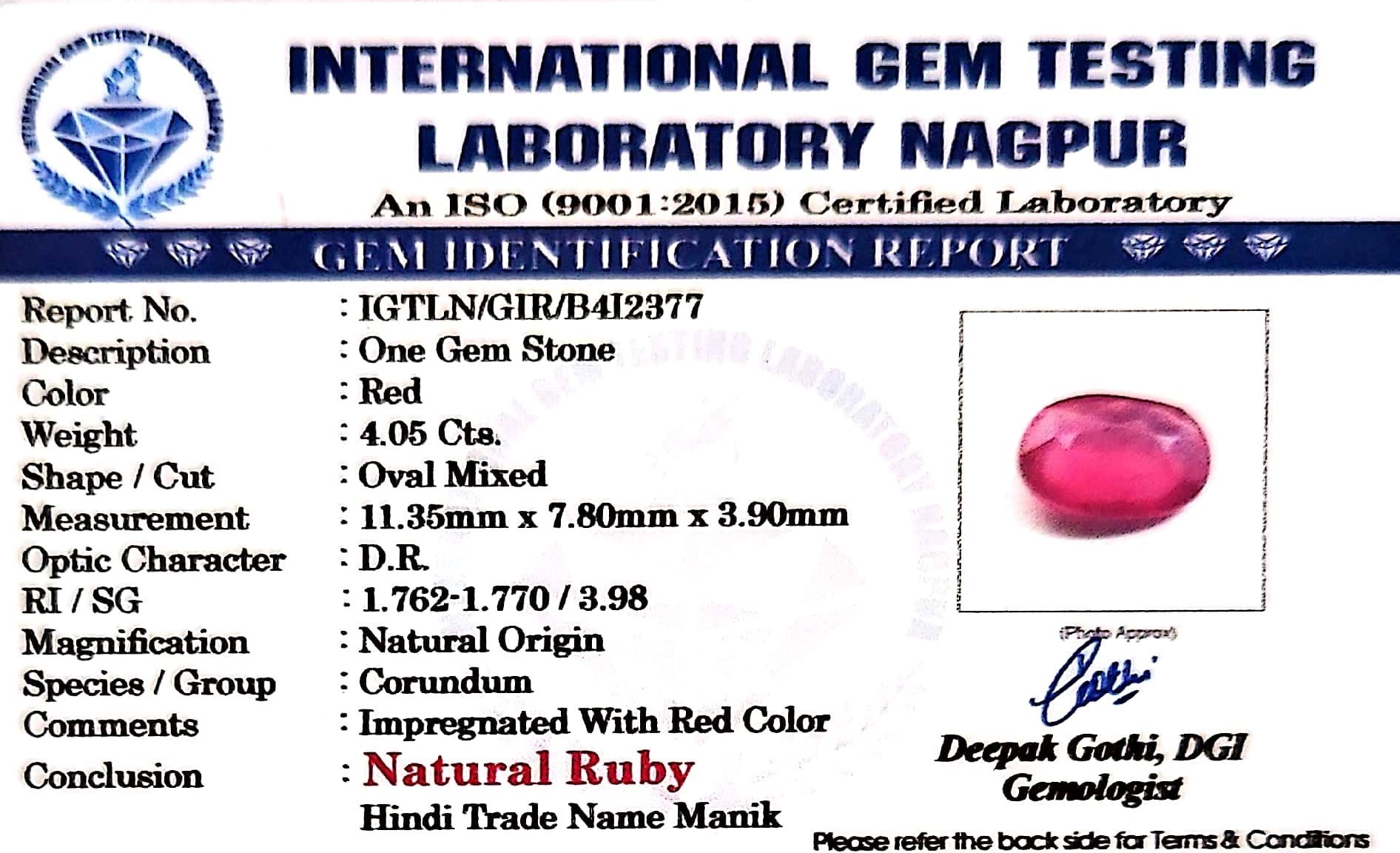 Ruby - Manik Stone - Carat 4.05