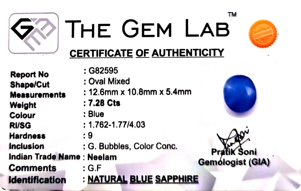 Blue Sapphire Stone (Neelam Stone) - Carat 7.28