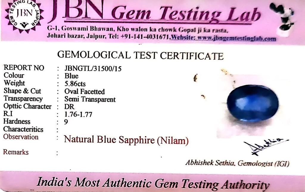 Blue Sapphire Stone (Neelam Stone) - Carat 5.83