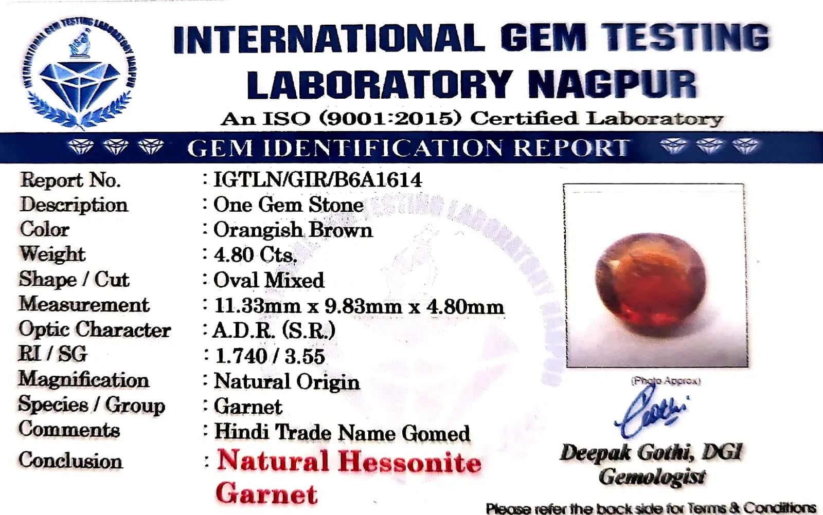 Gomed Stone (Hessonite) - Carat 4.80