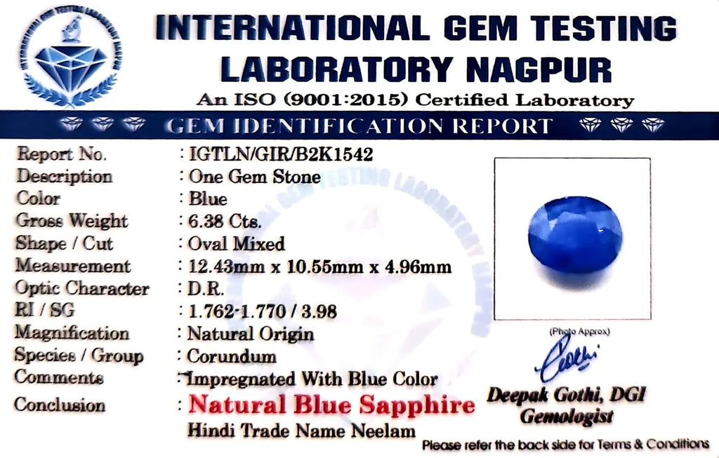 Blue Sapphire Stone (Neelam Stone) - Carat 6.38