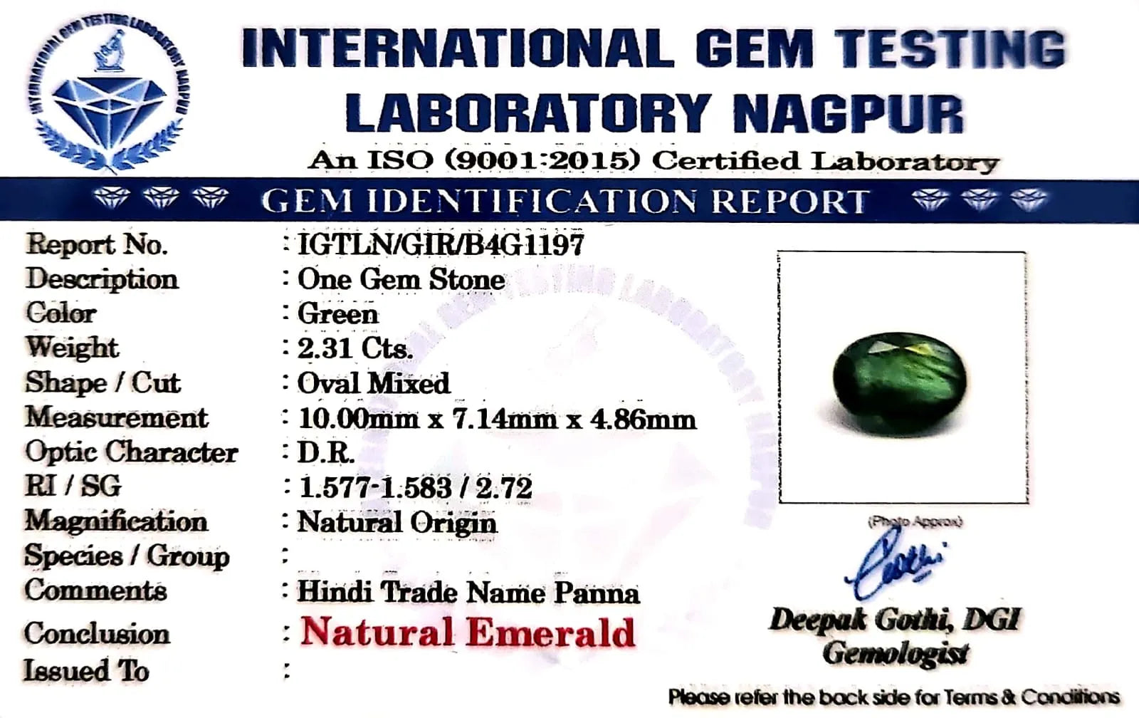 Emerald Stone - Panna stone - Carat 2.31