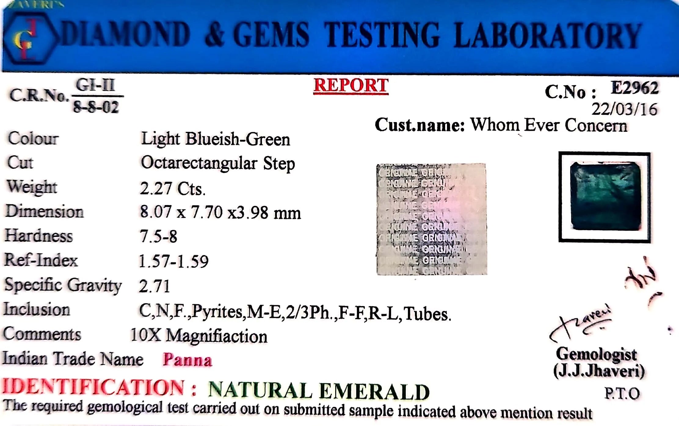 Emerald Stone - Panna stone - Carat 2.27