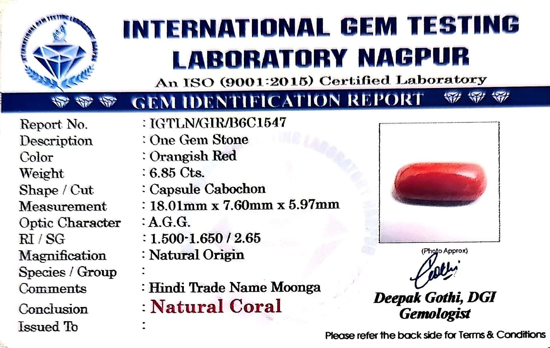 Red Coral - Moonga Gemstone - Carat 6.85
