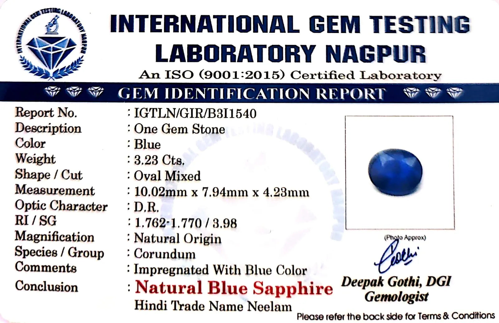 Blue Sapphire Stone (Neelam Stone) - Carat 3.23