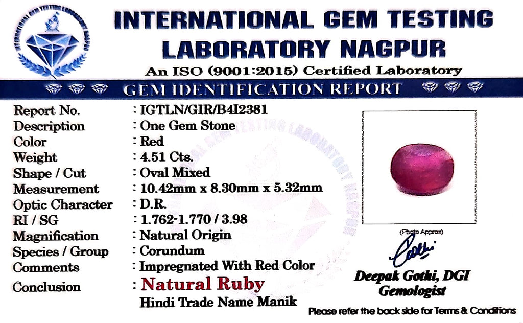Ruby - Manik Stone - Carat 4.51