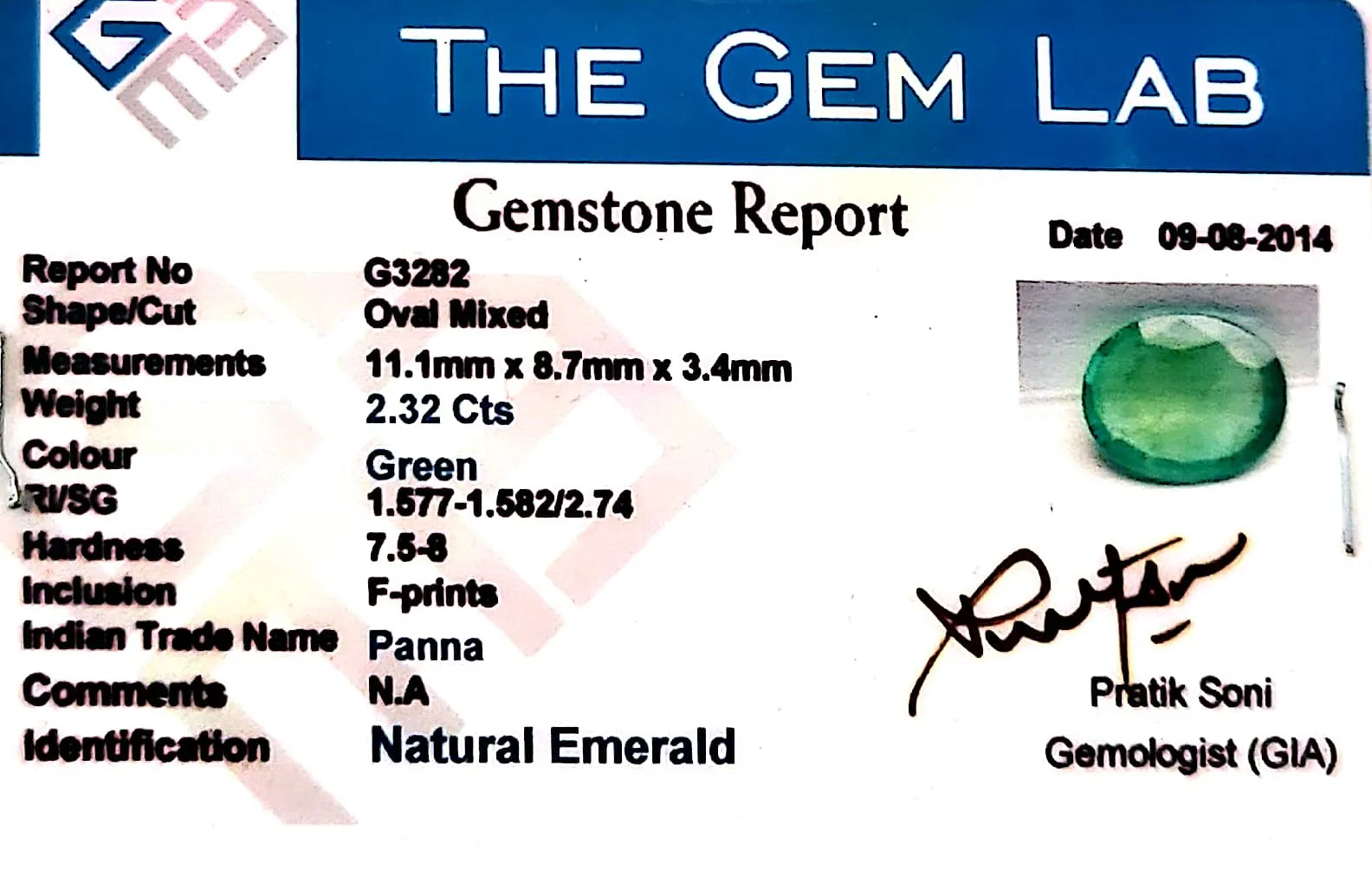Emerald Stone - Panna stone - Carat 2.32