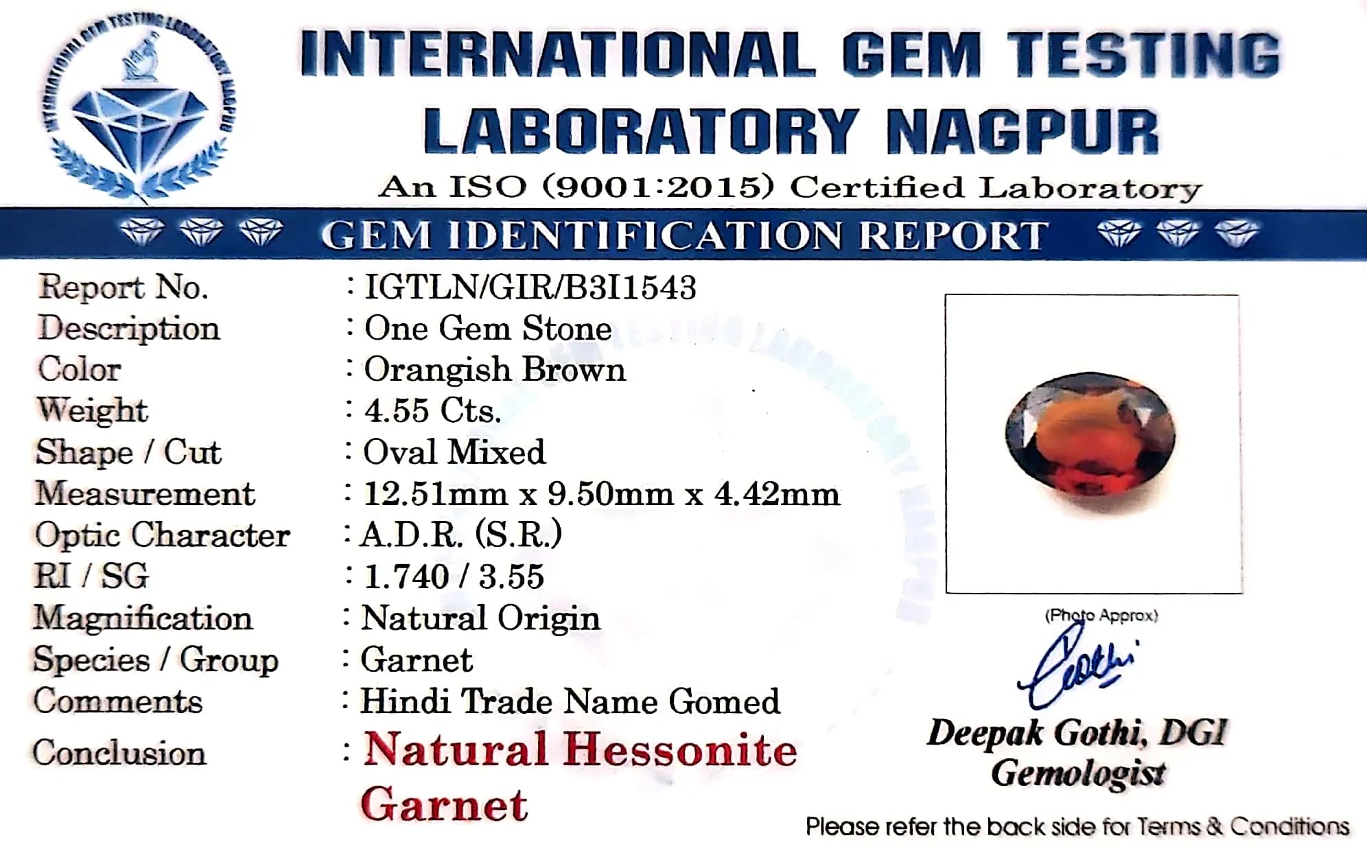 Gomed Stone (Hessonite) - Carat 4.55