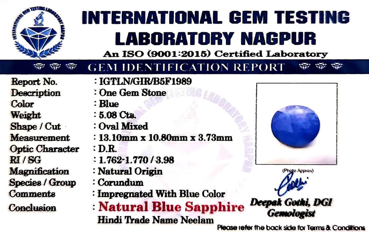 Blue Sapphire Stone (Neelam Stone) - Carat 5.08