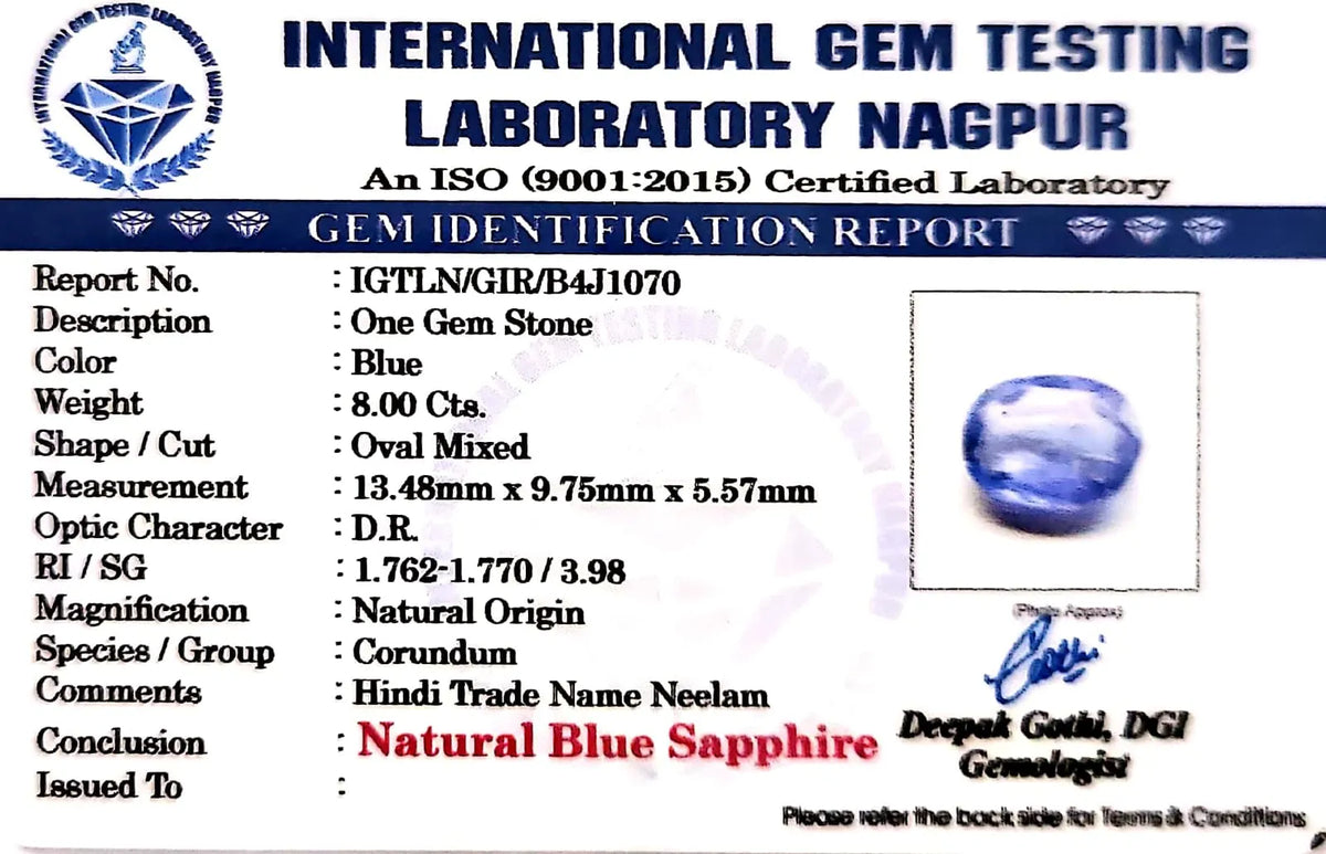Blue Sapphire Stone (Neelam Stone) - Carat 8.00