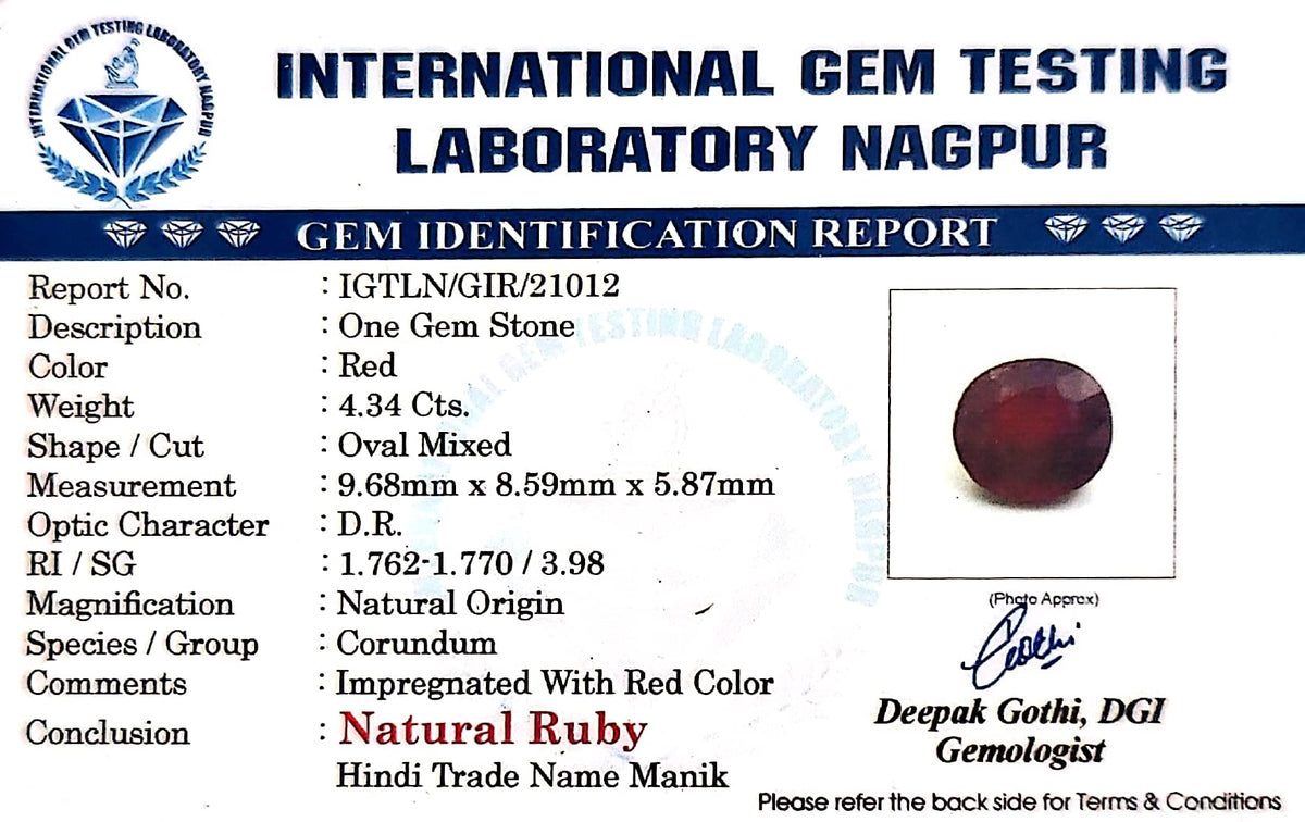 Ruby - Manik Stone - Carat 4.34