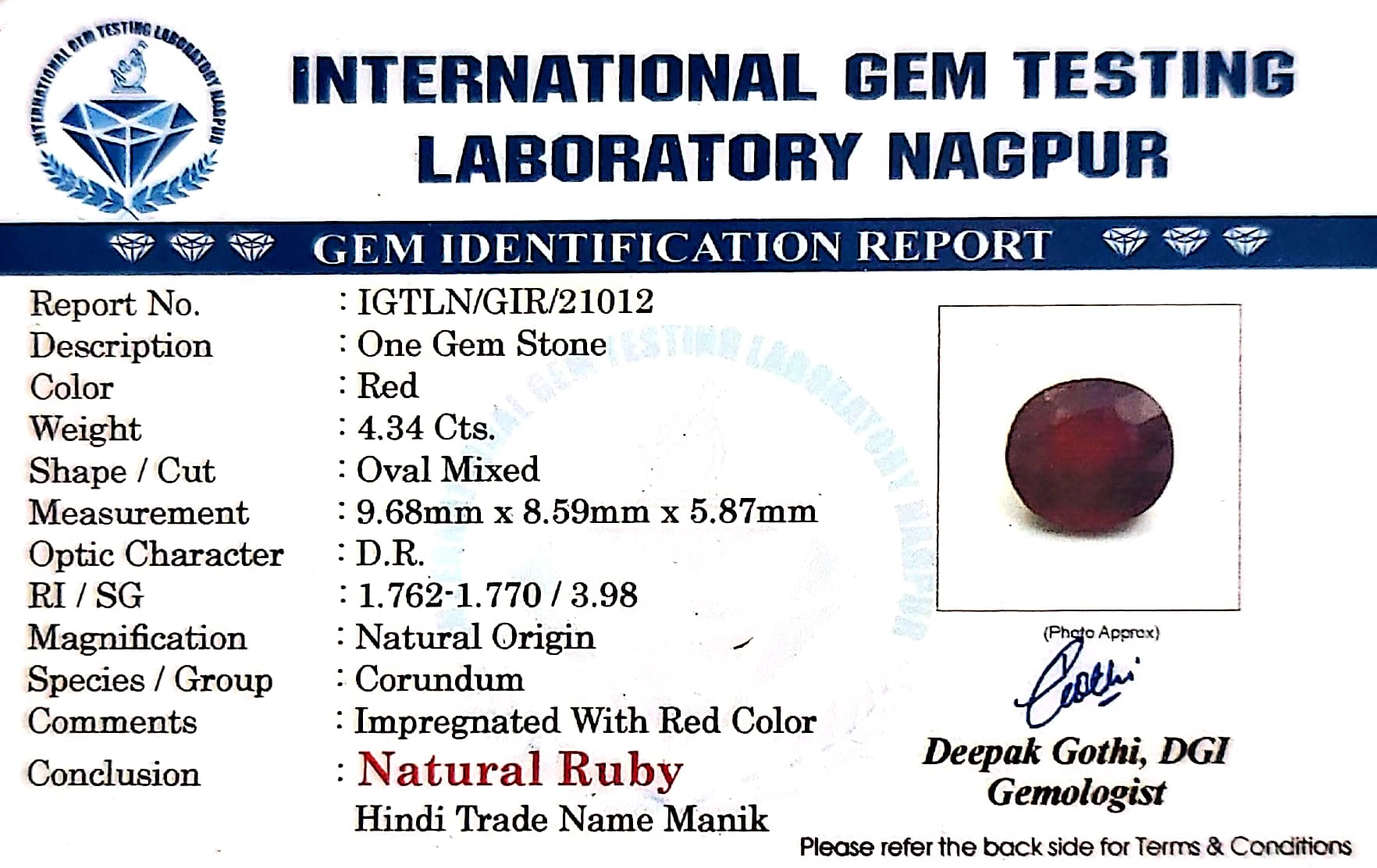 Ruby - Manik Stone - Carat 4.34