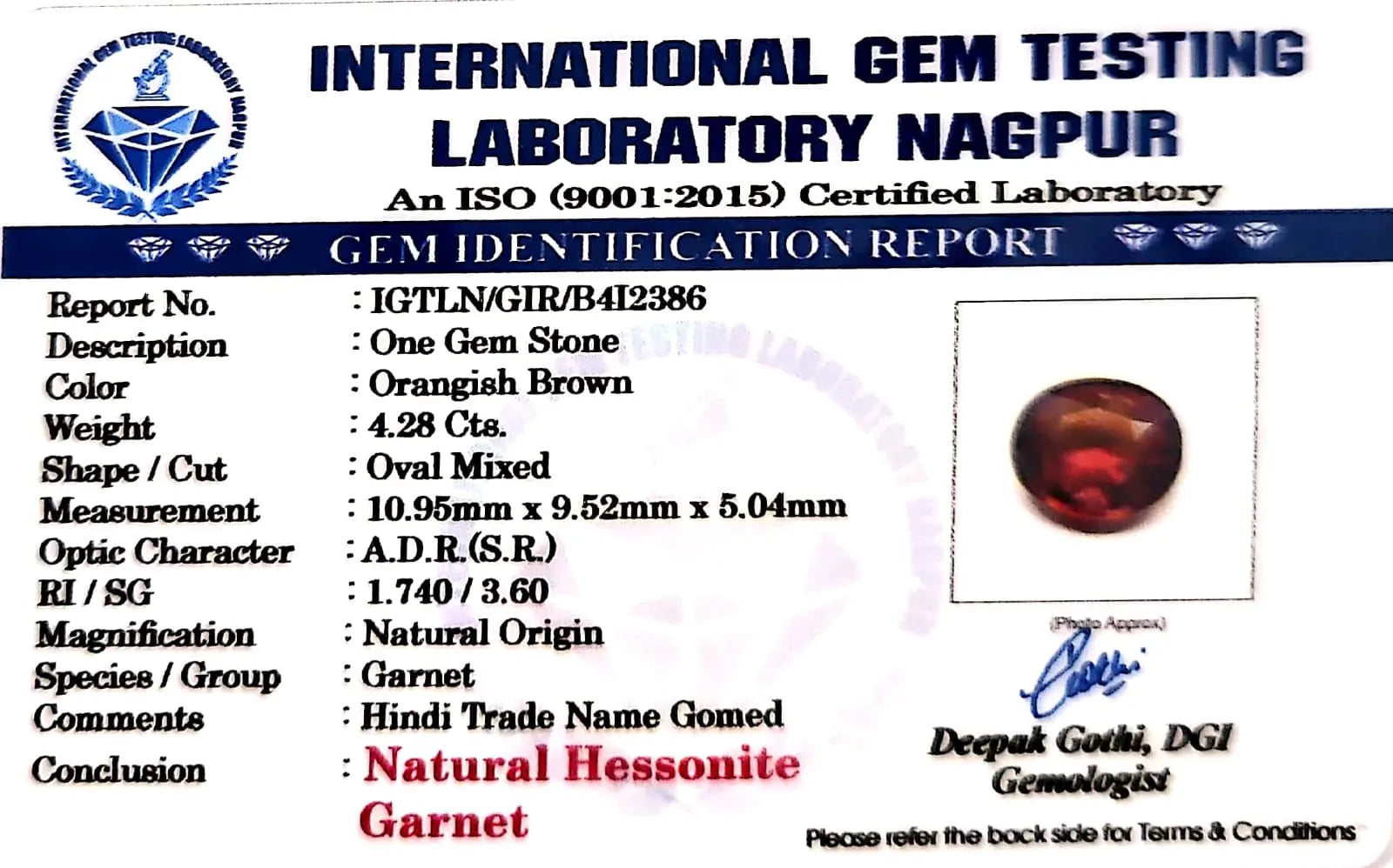 Gomed Stone (Hessonite) - Carat 4.28