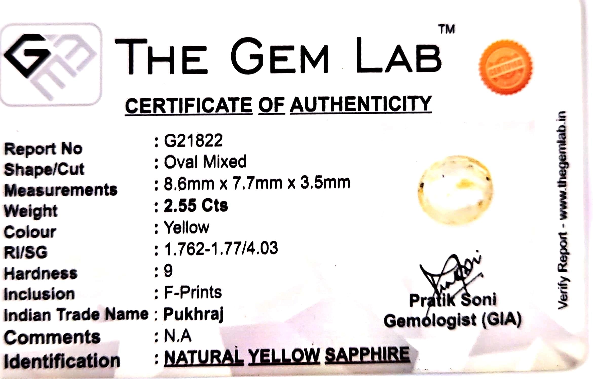 Yellow Sapphire - Pukhraj Stone - Carat 2.55