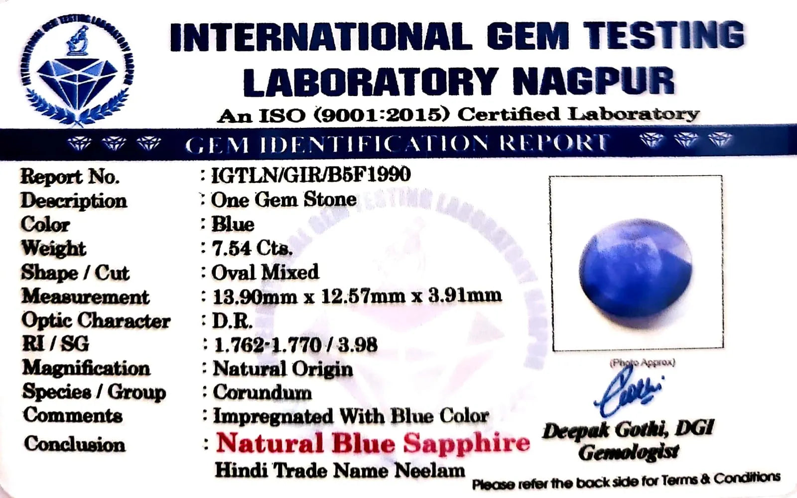Blue Sapphire Stone (Neelam Stone) - Carat 7.54