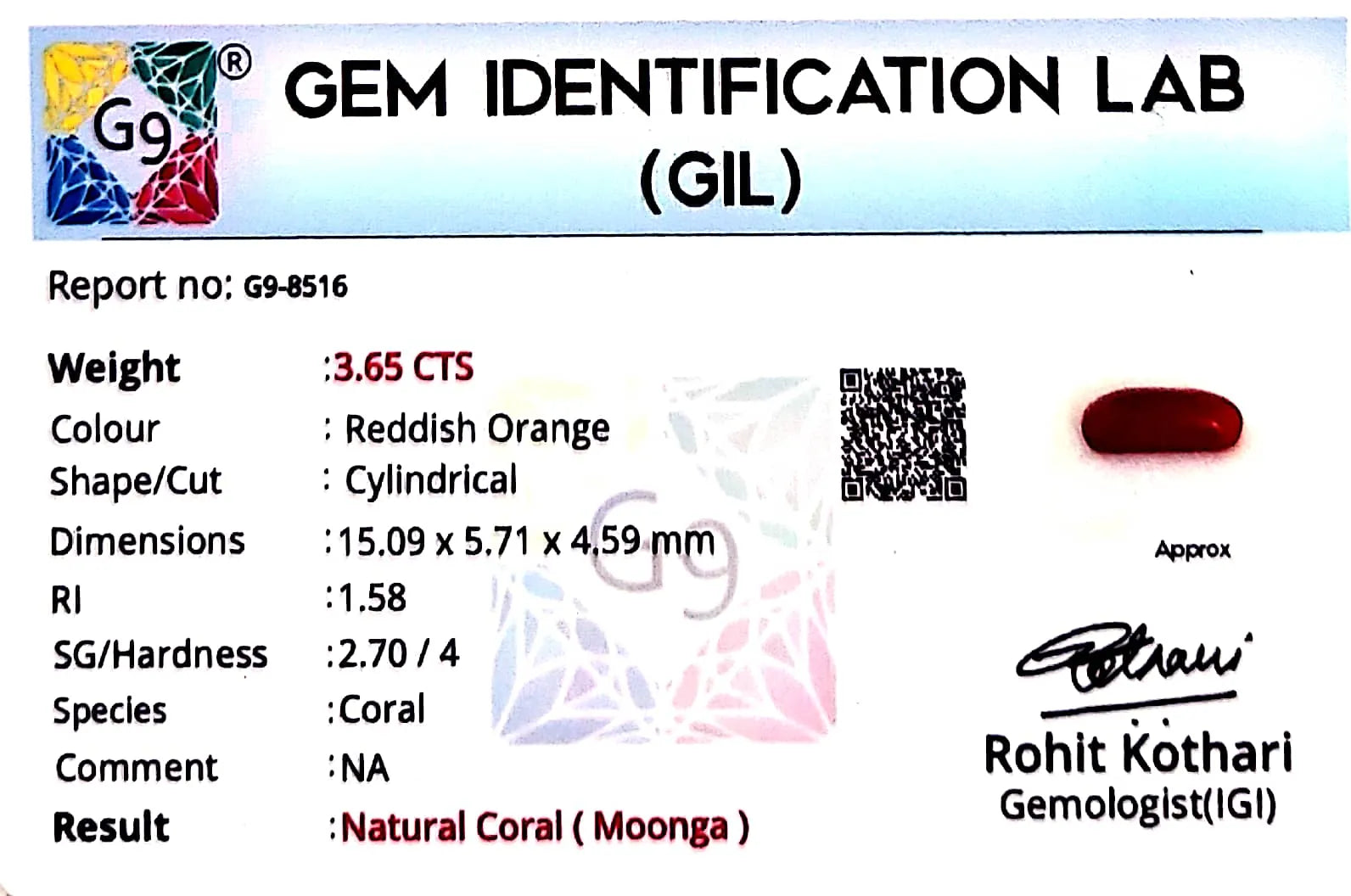 Red Coral - Moonga Gemstone - Carat 3.65