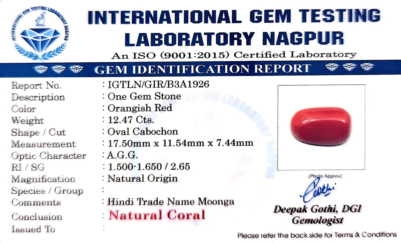 Red Coral - Moonga Gemstone - Carat 12.47
