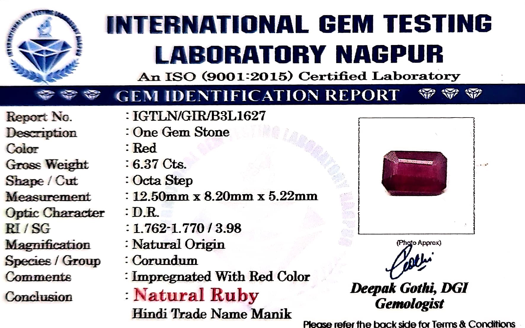 Ruby - Manik Stone - Carat 6.37