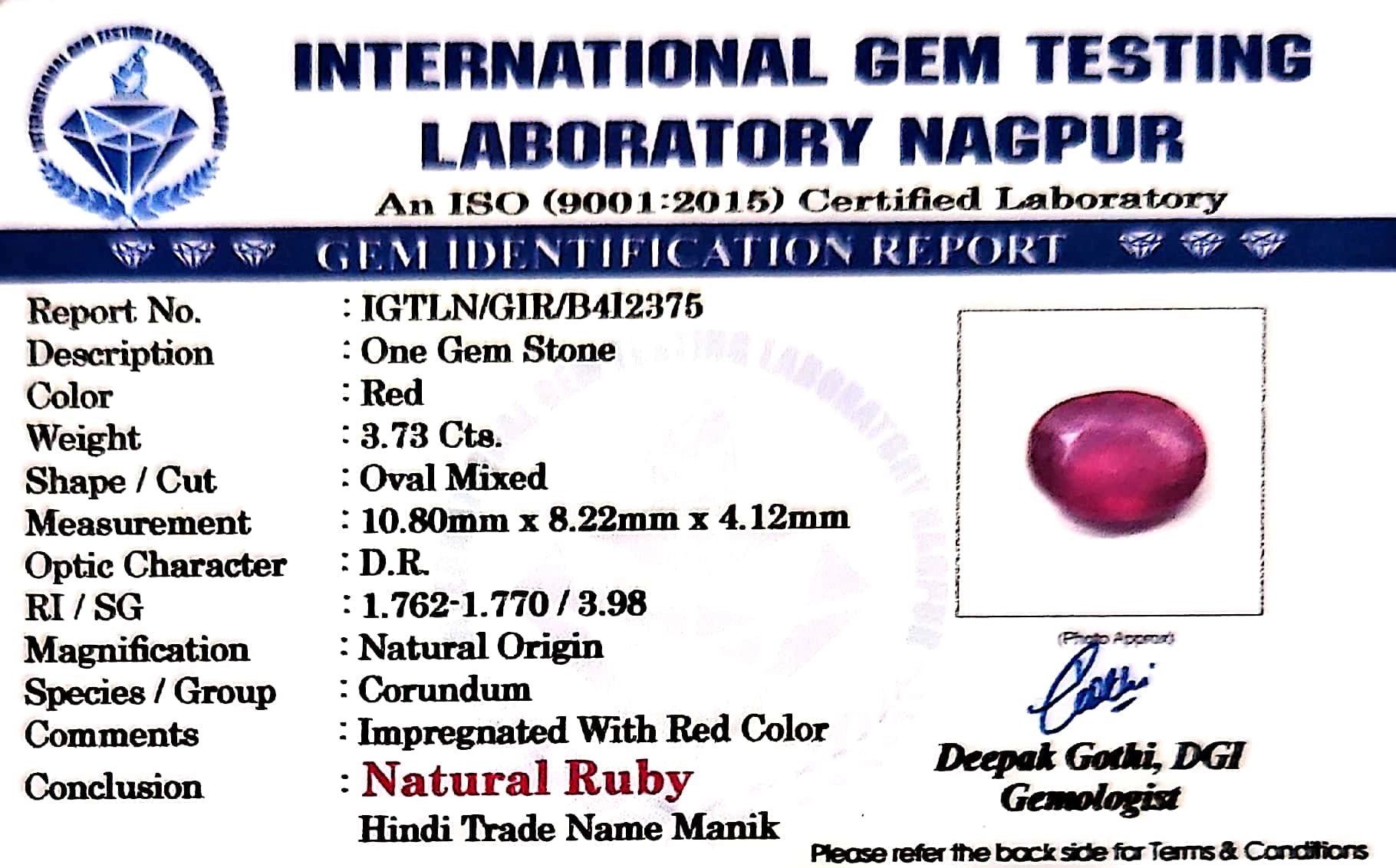 Ruby - Manik Stone - Carat 3.73