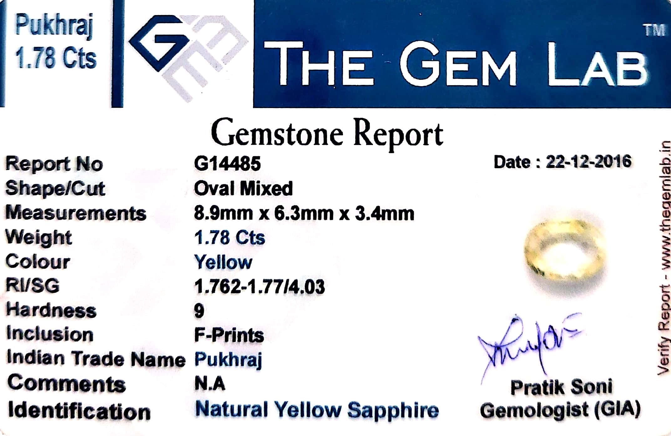 Yellow Sapphire - Pukhraj Stone - Carat 1.78
