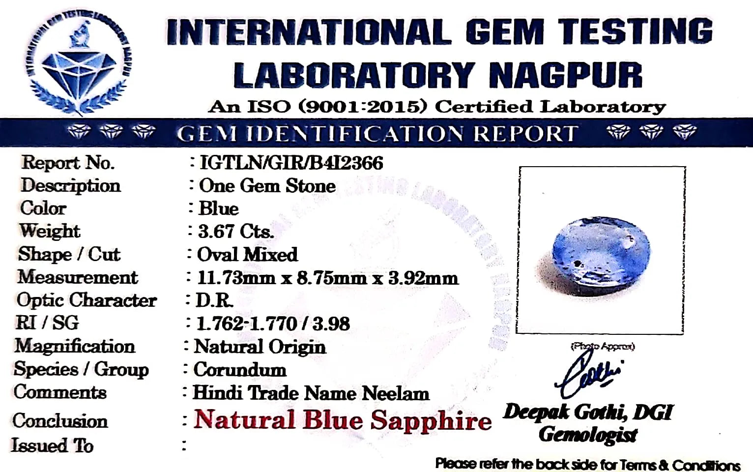 Blue Sapphire Stone (Neelam Stone) - Carat 3.67