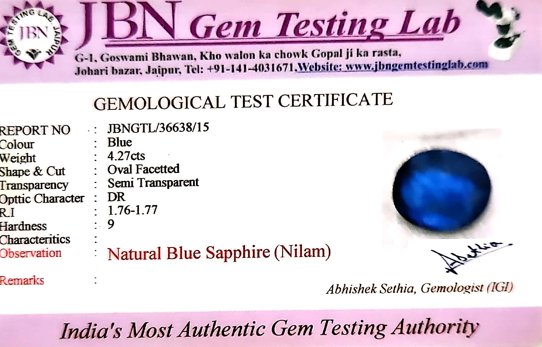 Blue Sapphire Stone (Neelam Stone) - Carat 4.27