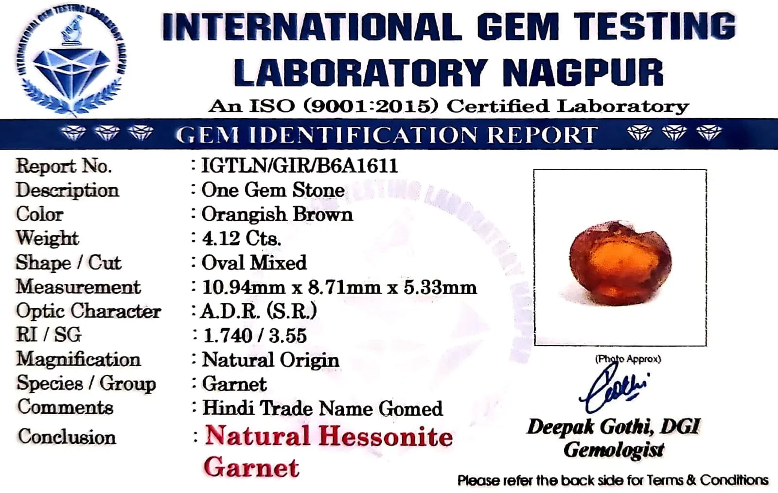 Gomed Stone (Hessonite) - Carat 4.12