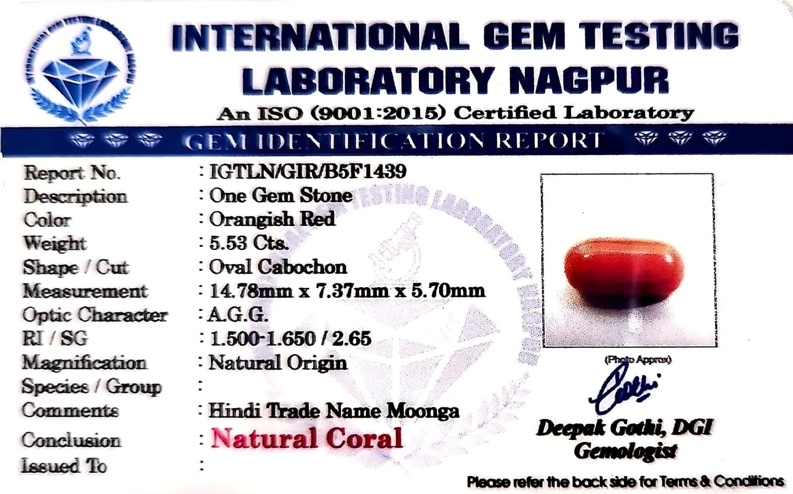 Red Coral - Moonga Gemstone - Carat 5.53