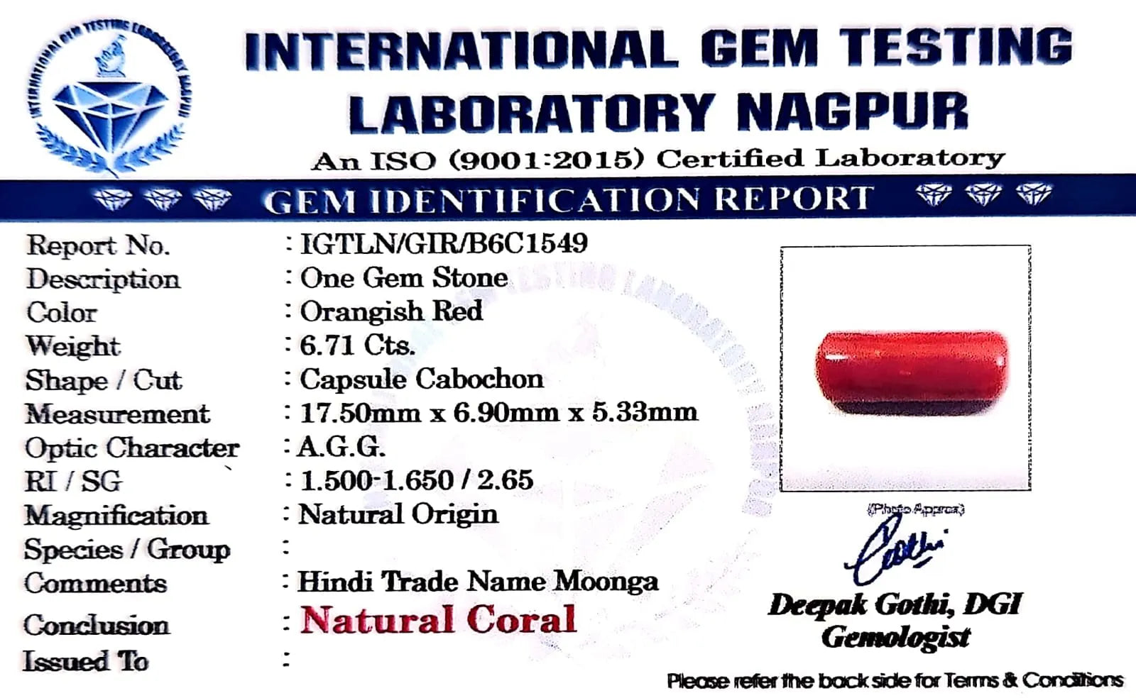 Red Coral - Moonga Gemstone - Carat 6.71