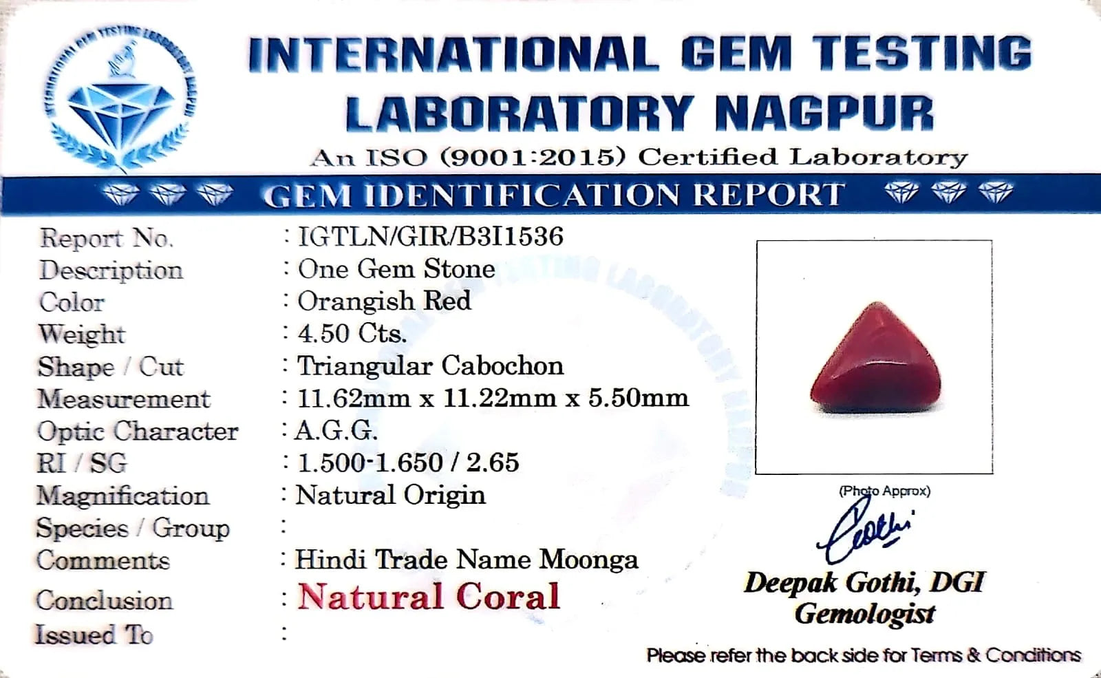 Red Coral - Moonga Gemstone - Carat 4.50