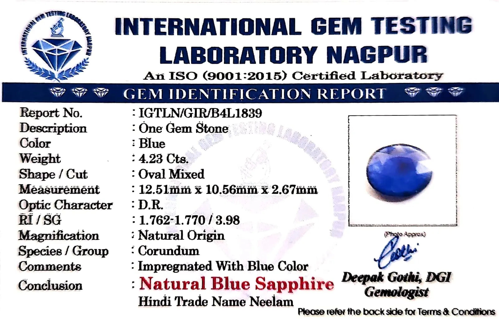 Blue Sapphire Stone (Neelam Stone) - Carat 4.23