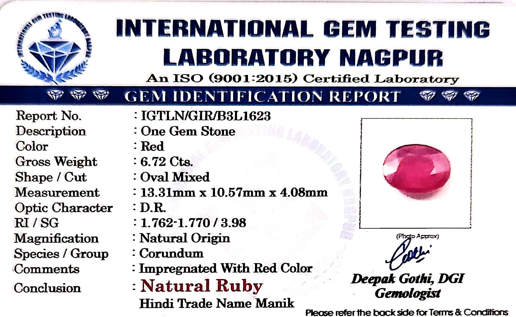 Ruby - Manik Stone - Carat 6.72