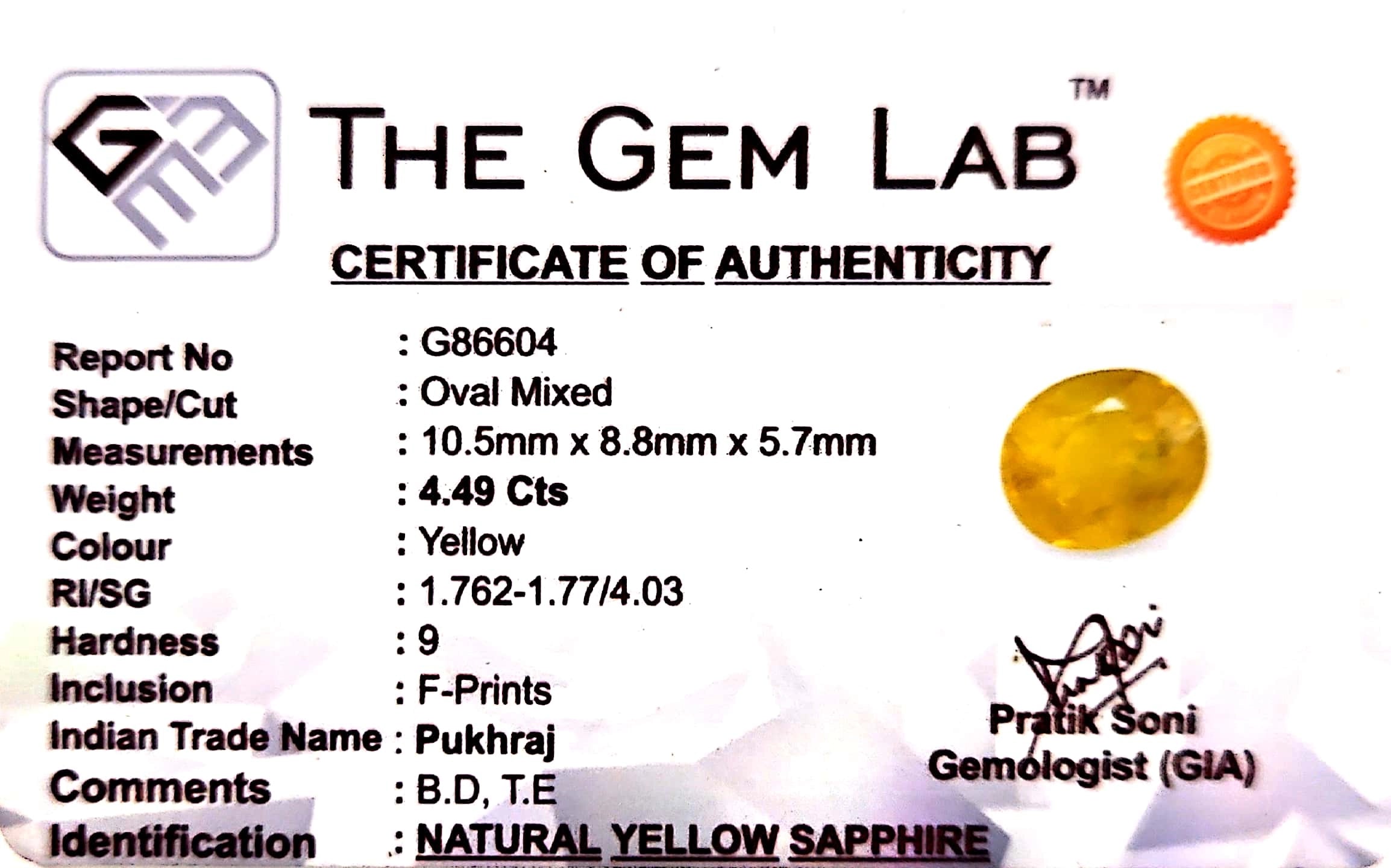 Yellow Sapphire - Pukhraj Stone - Carat 4.49