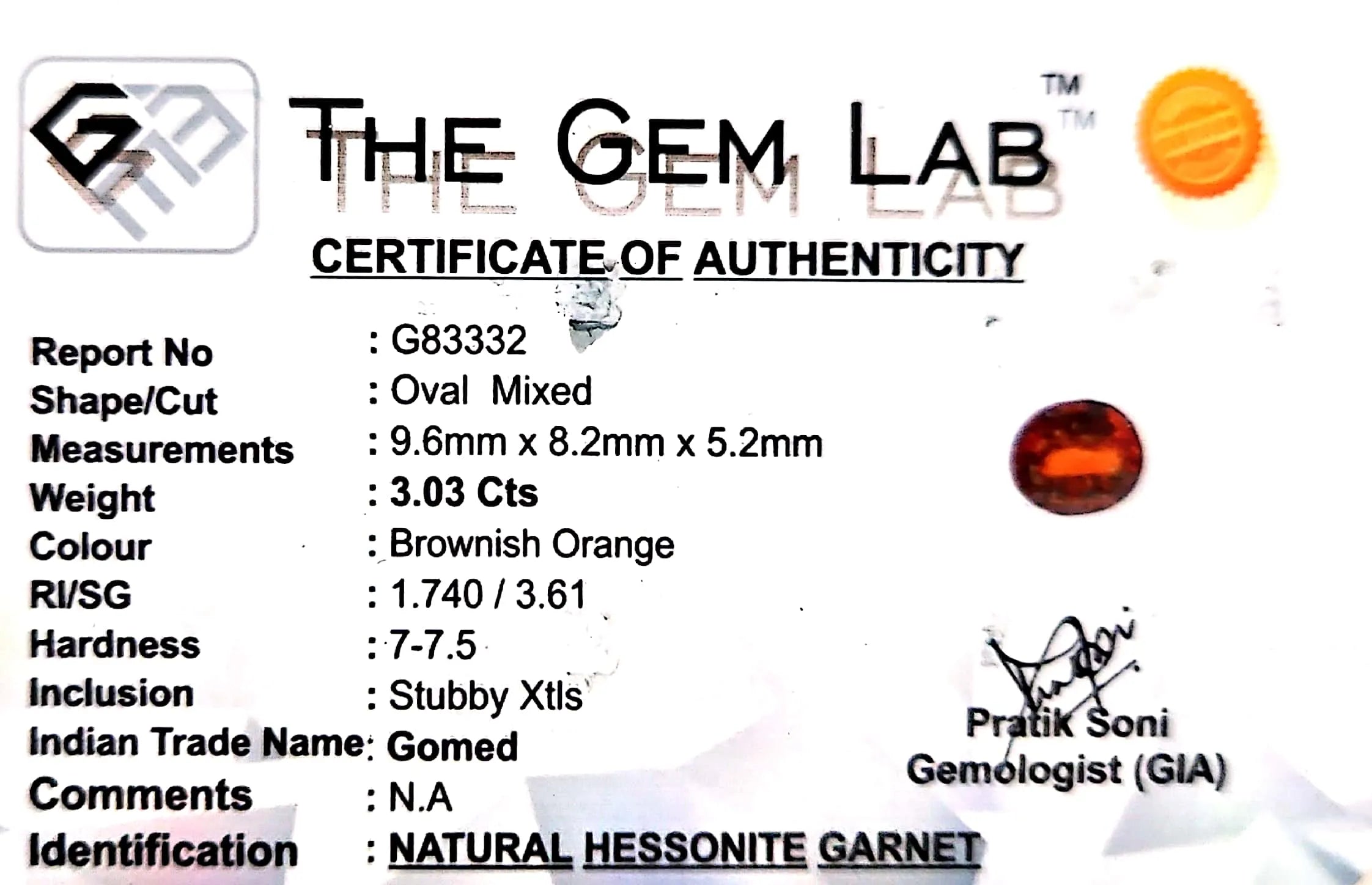 Gomed Stone (Hessonite) - Carat 3.03