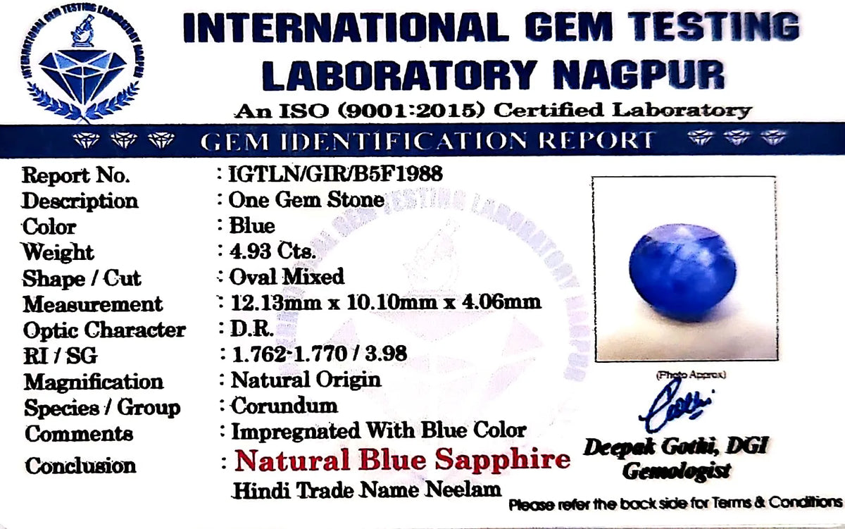 Blue Sapphire Stone (Neelam Stone) - Carat 4.93