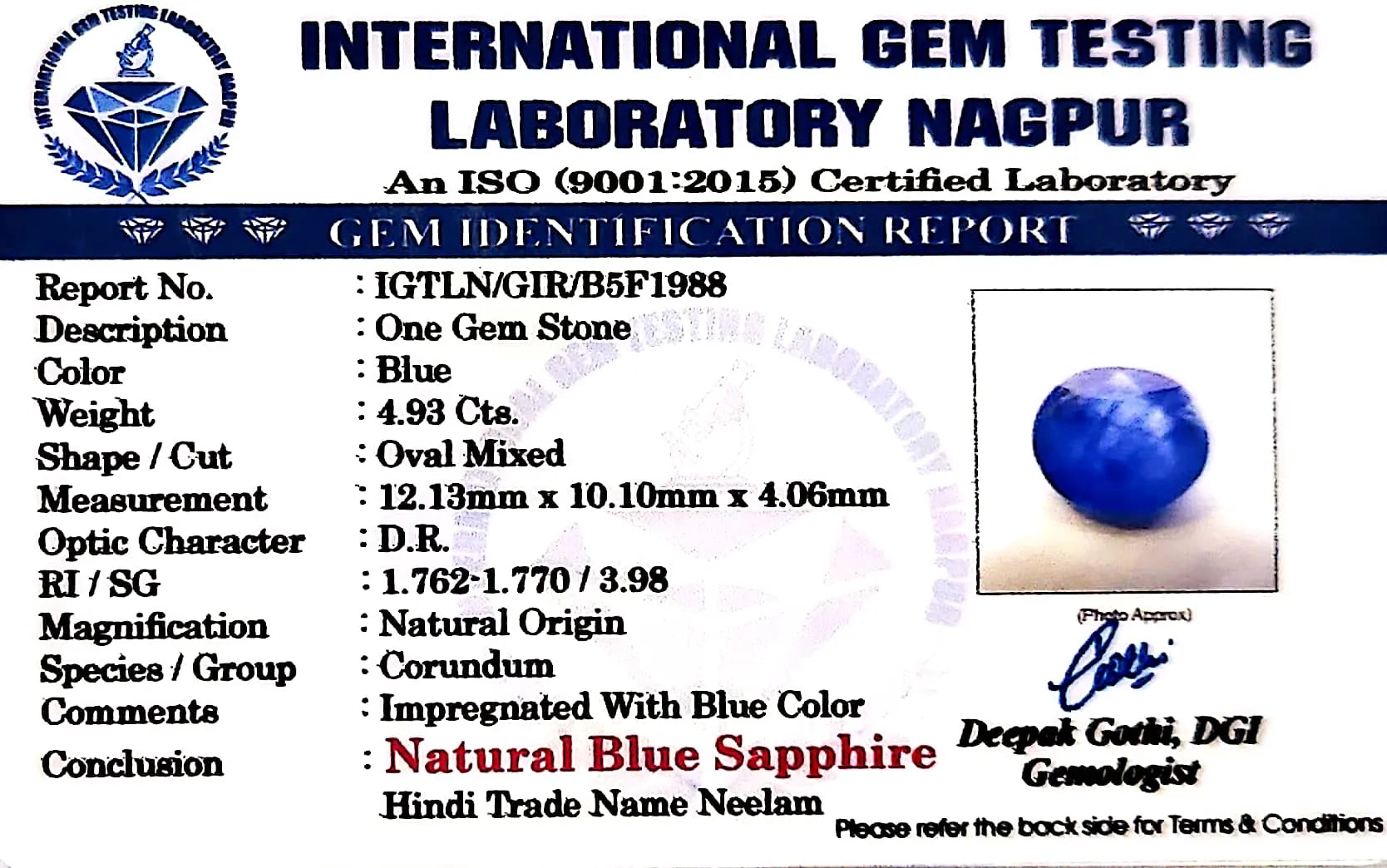 Blue Sapphire Stone (Neelam Stone) - Carat 4.93