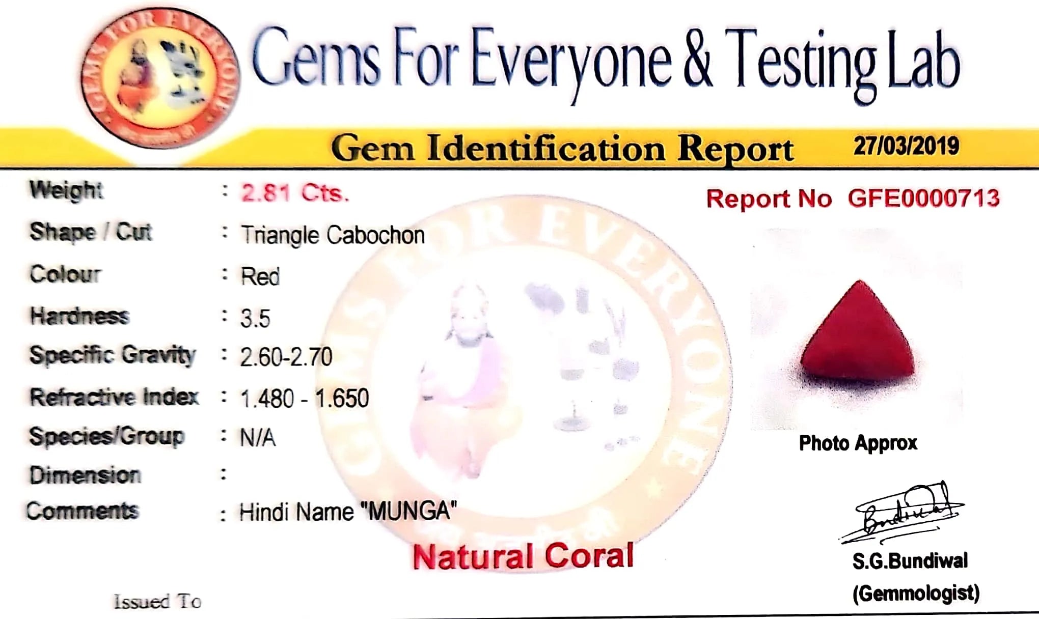 Red Coral - Moonga Gemstone - Carat 2.81