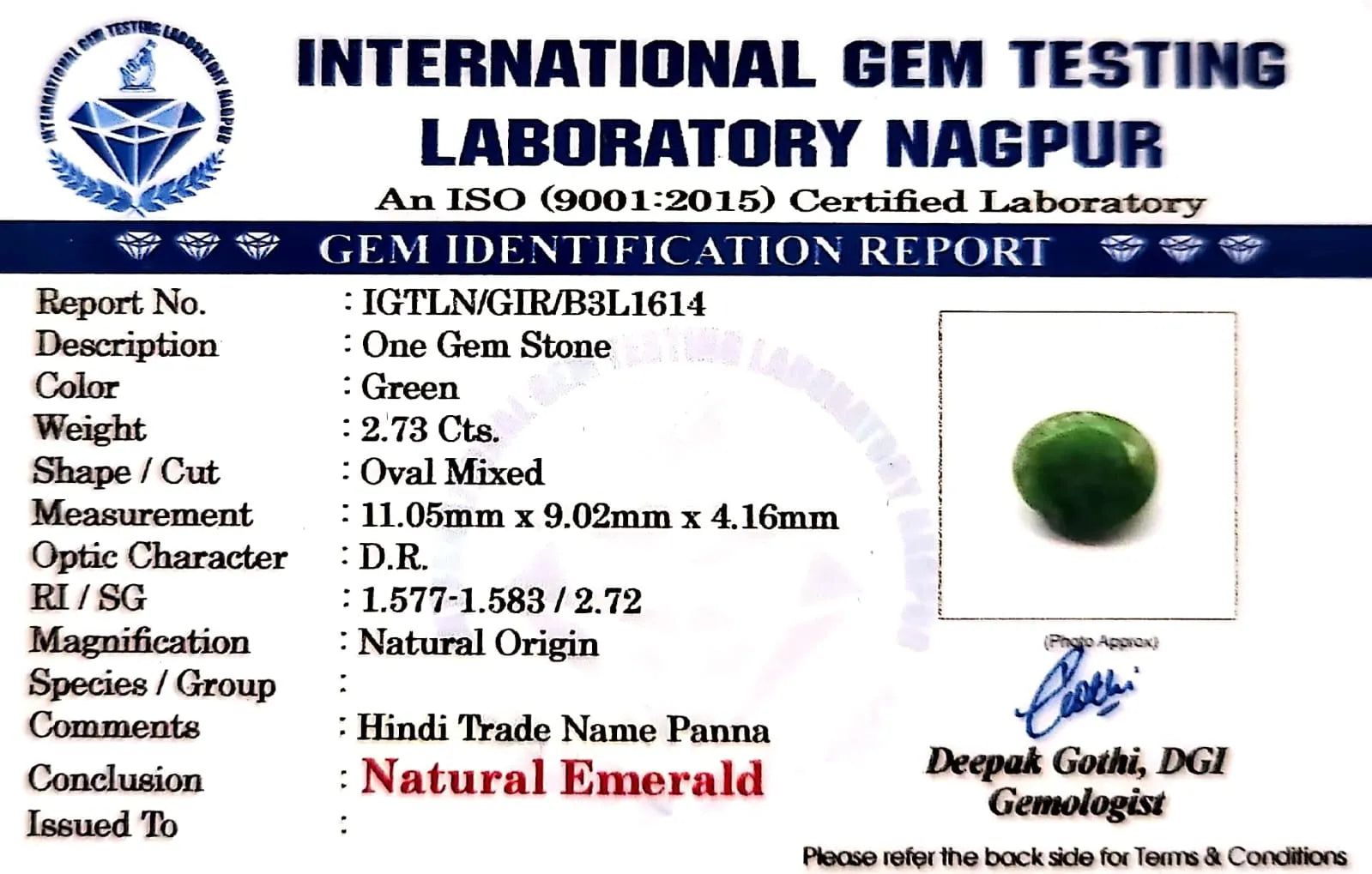 Emerald Stone - Panna stone - Carat 2.73