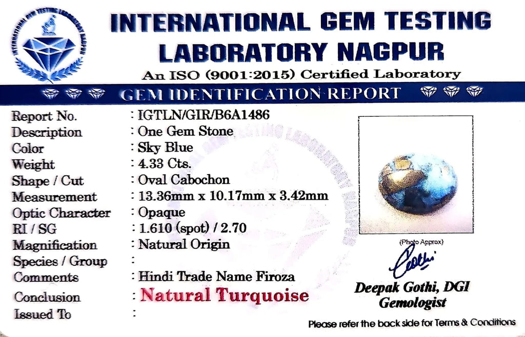 Irani Firoza (Turquoise) Gemstone - Carat 4.33