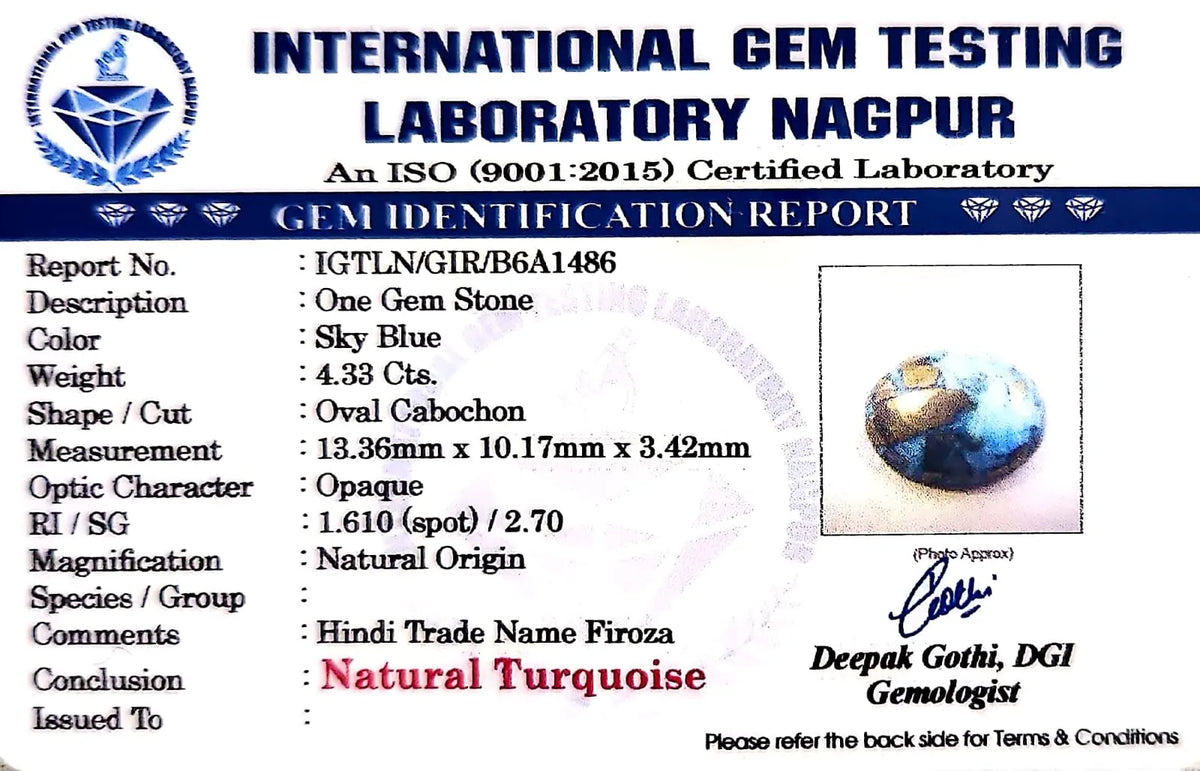 Irani Firoza (Turquoise) Gemstone - Carat 4.33