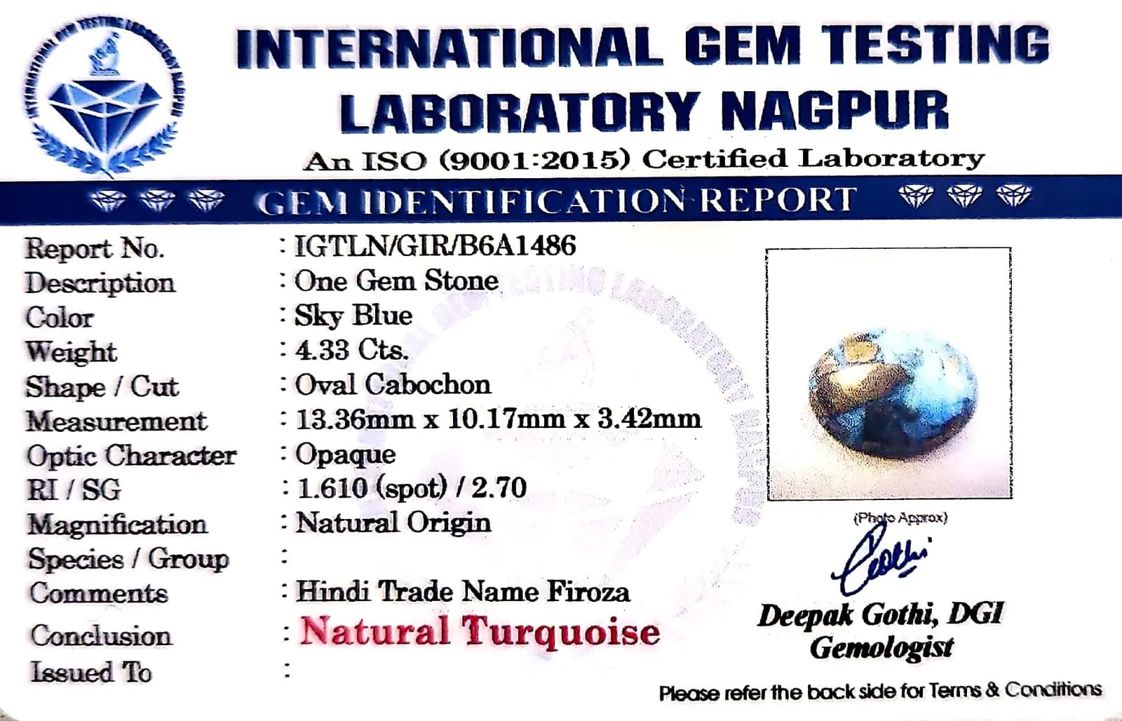 Irani Firoza (Turquoise) Gemstone - Carat 4.33