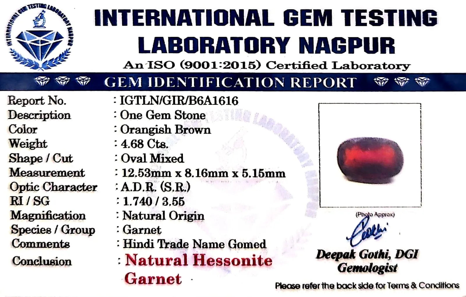 Gomed Stone (Hessonite) - Carat 4.68