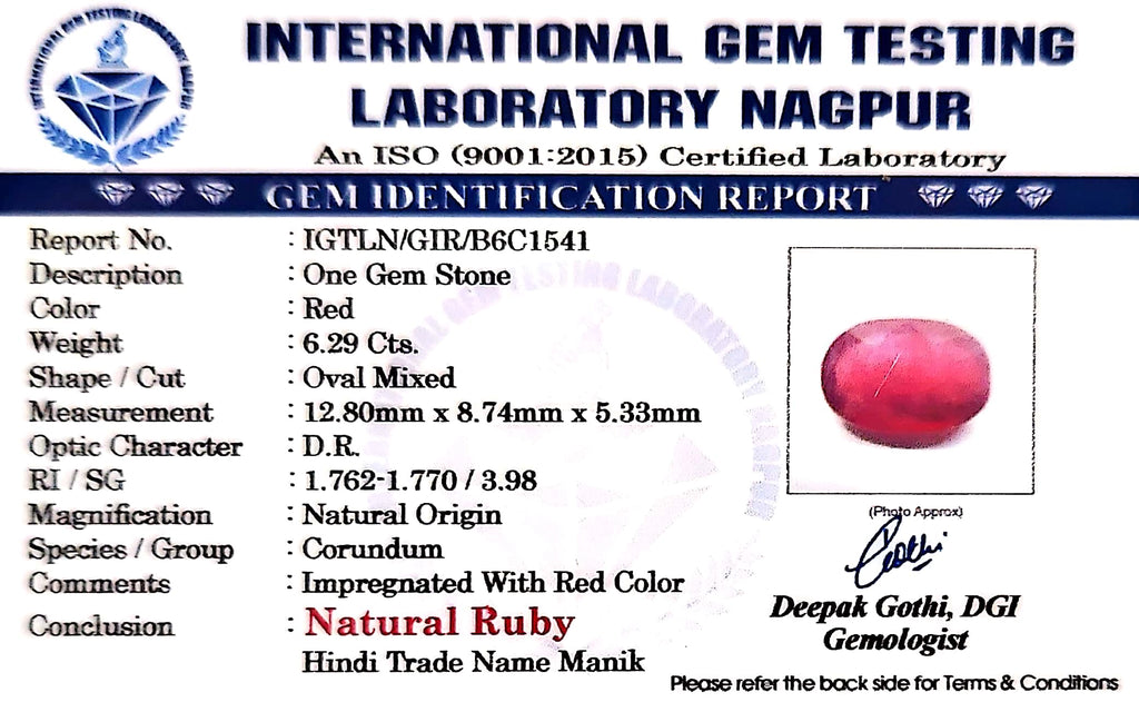 Ruby - Manik Stone - Carat 6.29