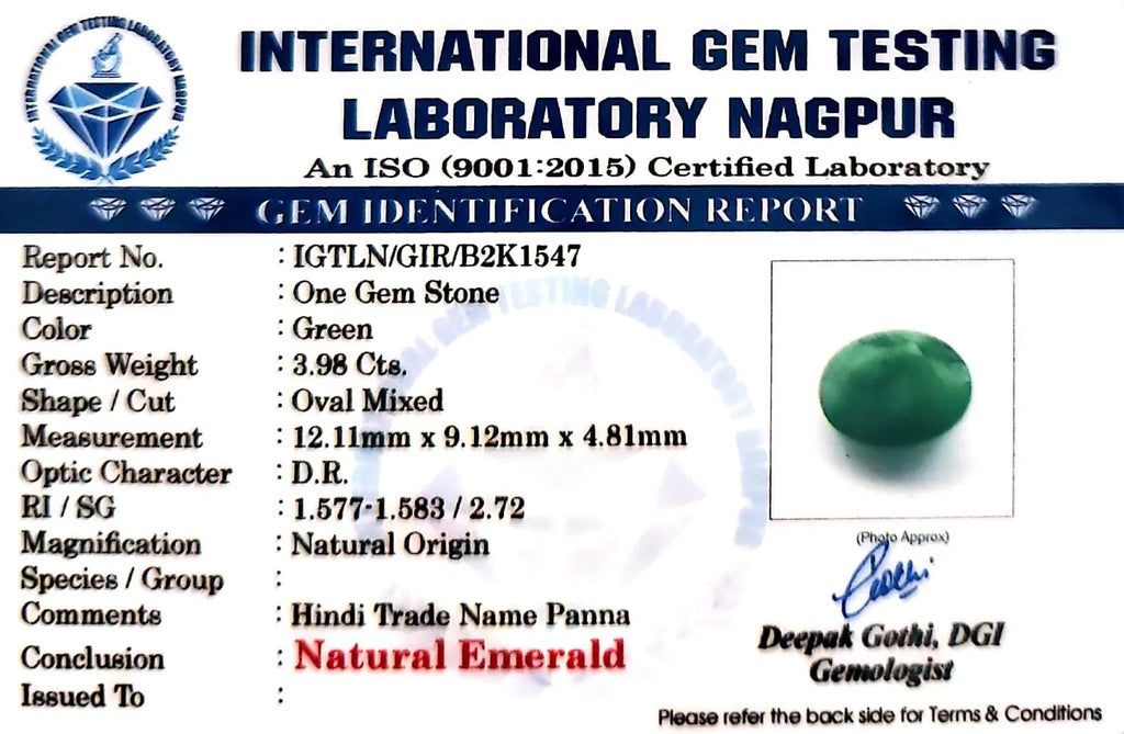 Emerald Stone - Panna stone - Carat 3.98