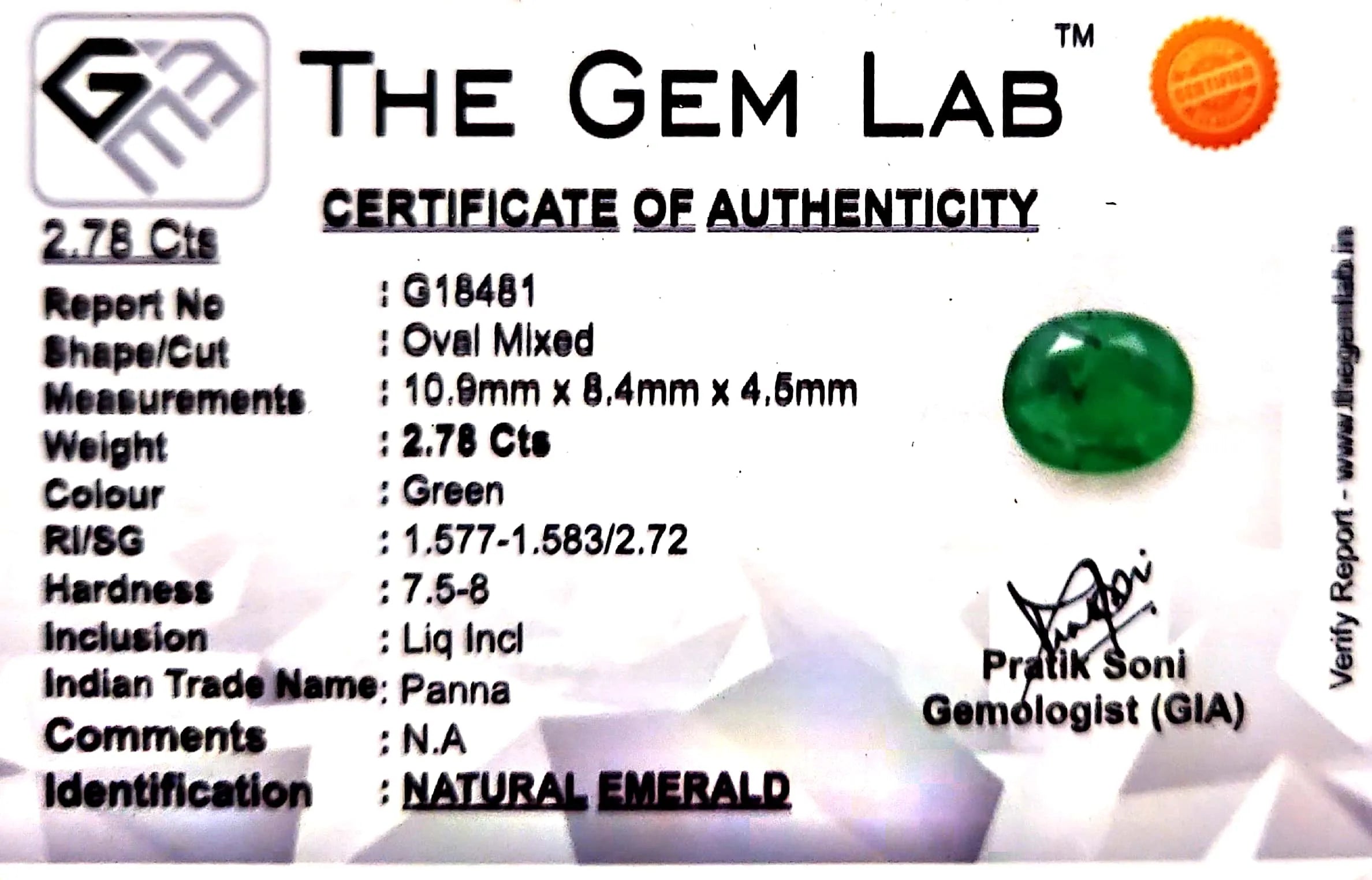 Emerald Stone - Panna stone - Carat 2.78