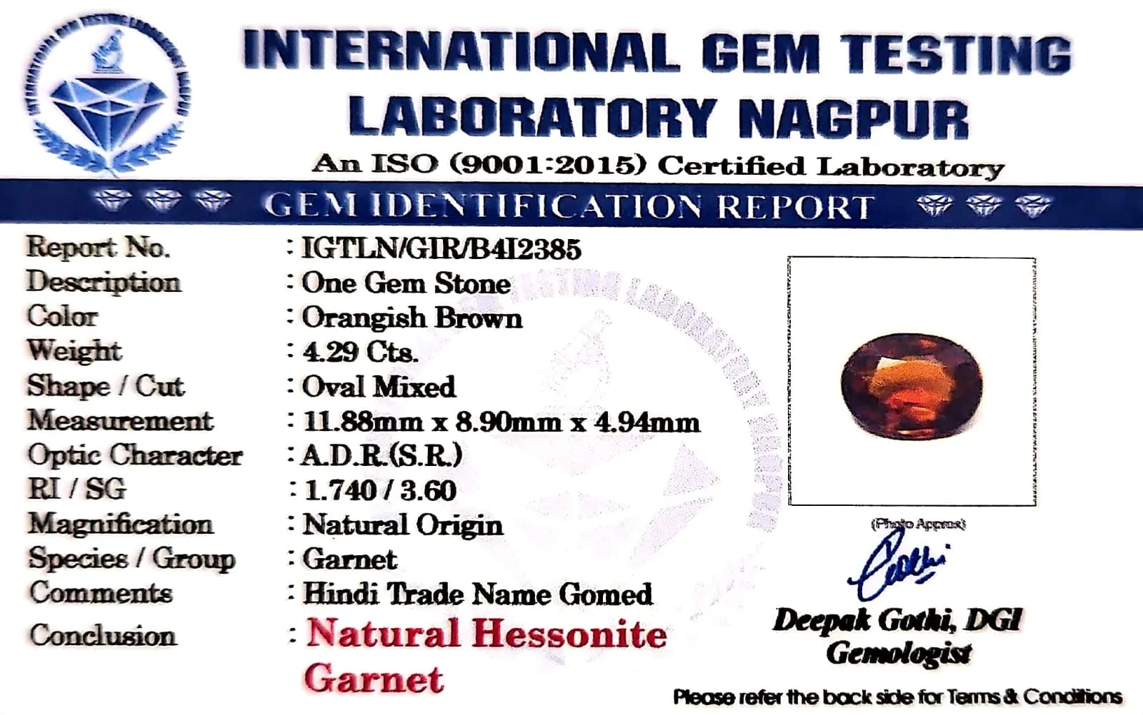Gomed Stone (Hessonite) - Carat 4.29