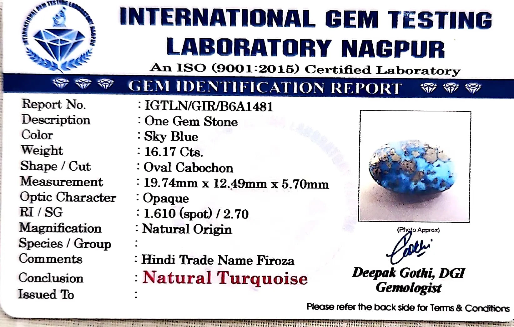 Irani Firoza (Turquoise) Gemstone - Carat 16.17